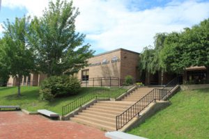 Circleville Middle School tan brick building with a large staircase leading to it