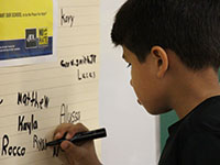 One young student signs his name in black marker to the No Place For Hate pledge