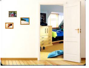 A door is open to a teenagers bedroom with a dresser and single bed, and things on the floor