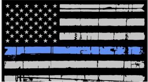 American flag in black and white with a blue stripe halfway down