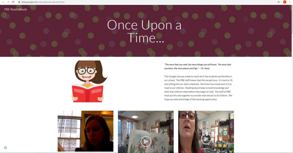 Red header saying "Once Upon a Time..." with the videos of teachers reading stories below it.