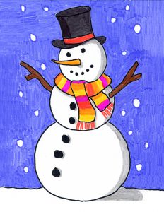 A drawing of a snowman with black hat and orange striped scarf. The background is purple with snow falling