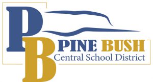 Pine Bush logo with blue P and gold B with mountains in the background