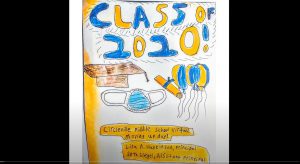 A drawing of the words Class of 2020 with a diploma and a mask. On the bottom are the words Circleville Middle School Virtual Moving Up 