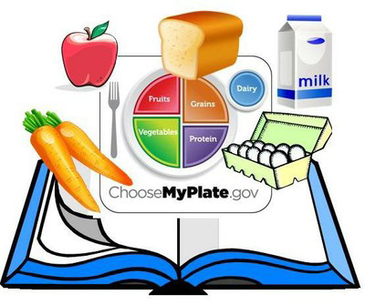 A book opened with carrots, apple, bread and eggs surrounding it. Choosemyplate.gov is in the center