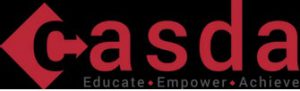 Black background with the letters CASDA and the words Educate, Empower Achieve below