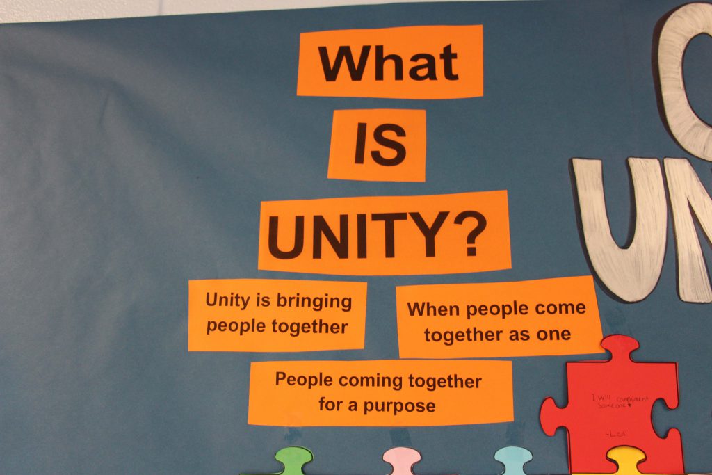 A close up of part of the bulletin board that says What is Unity?
