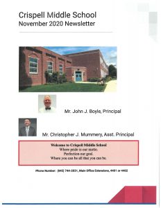 The front page of a newsletter showing the school building, the principal and assistant principal