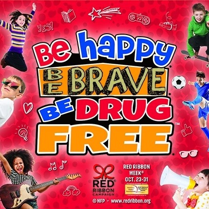 Red background with the words Be Happy Be Brave Be Drug Free with cartoon kids around the boarder 