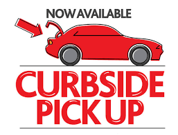 A red car with its trunk open with text saying Now Available Curbside Pick Up