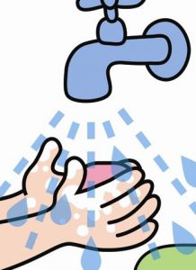 A cartoon drawing of a child's hands holding soap under a faucet with water coming down