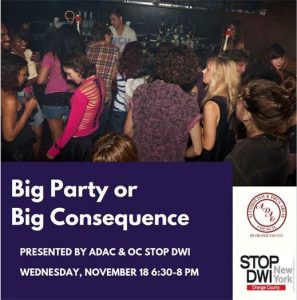 young people dancing at a crowded party with the words Big Party or Big Consequence