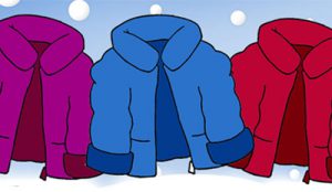 a drawing of a purple coat, blue coat and red coat with a snowy background