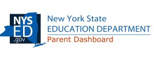Drawing in blue of the state of new york with New York State Education Department Parent Dashboard written next to it. NYSED is on the state
