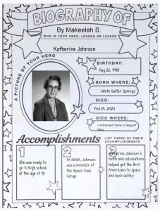Black and white sheet with stars around it, a picture at the left and list of accomplishments at the bottom
