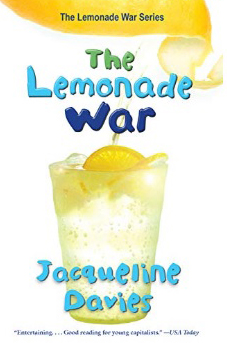 A book cover that says The Lemonade War with a glass of lemonade on it.