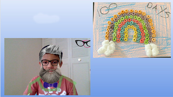 On a blue background, a picture of a kindergarten student with gray hair, gray beard and a bow tie. On the other side is a rainbow made out of 100 pieces of colorful cereal.