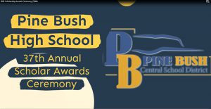 A blue background. In yellow it says Pine Bush High School 37th annual scholarship Awards ceremony. There is a Pine Bush logo, with the PB and the words Pine Bush Central School District.