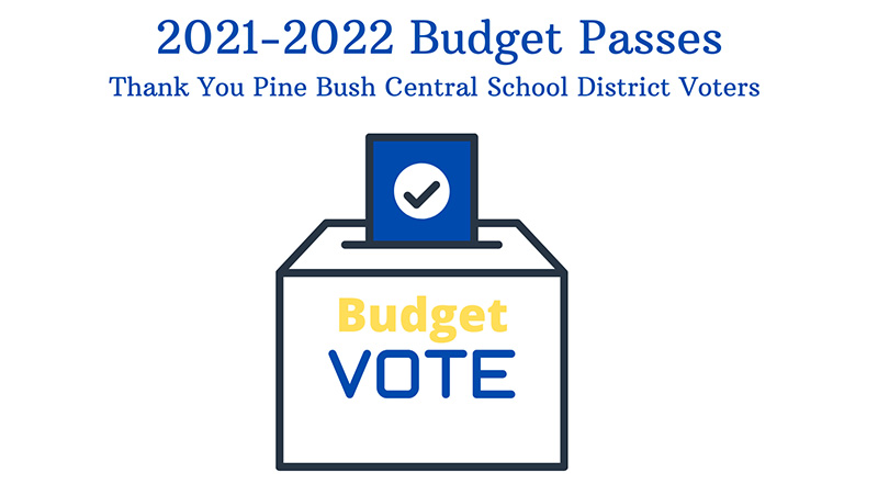 A white background. A voting box in front that says Budget Vote with a ballot going in. Above says 2021-2022 Buget Passes Thank you Pine Bush Central School District Voters