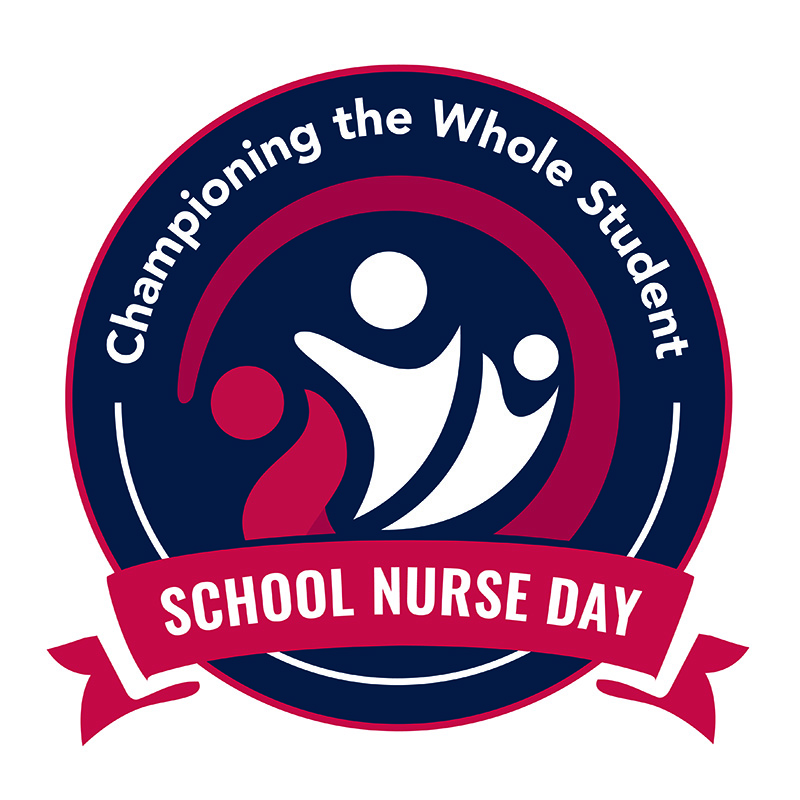 Blue circle logo with white  writing across the top that says Championing the Whole Student. A red ribbon runs across the bottom that says School Nurse Day. In the center are three abstract figures. One is red and two are white in the shape of people.