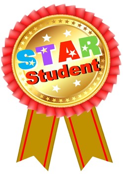 A gold ribbon, lined with red. and the words STAR Student in different colors in the round part of the ribbon. There are little silver stars all around it.