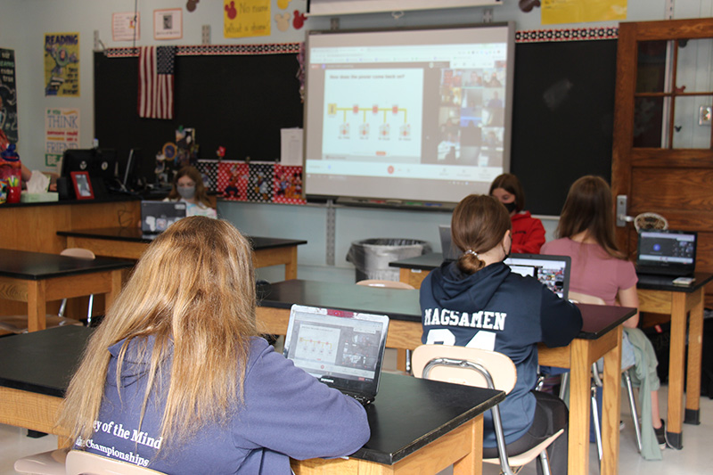 A classroom, students sitting looking at their chromebooks with a large screen in the front with the same information on it.