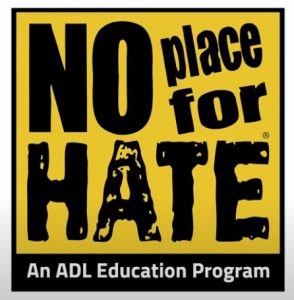 A yellow background with the words NO place for HATE written in block letters in black. On the bottom is a strip of black with the words An ADL Education Program in white.
