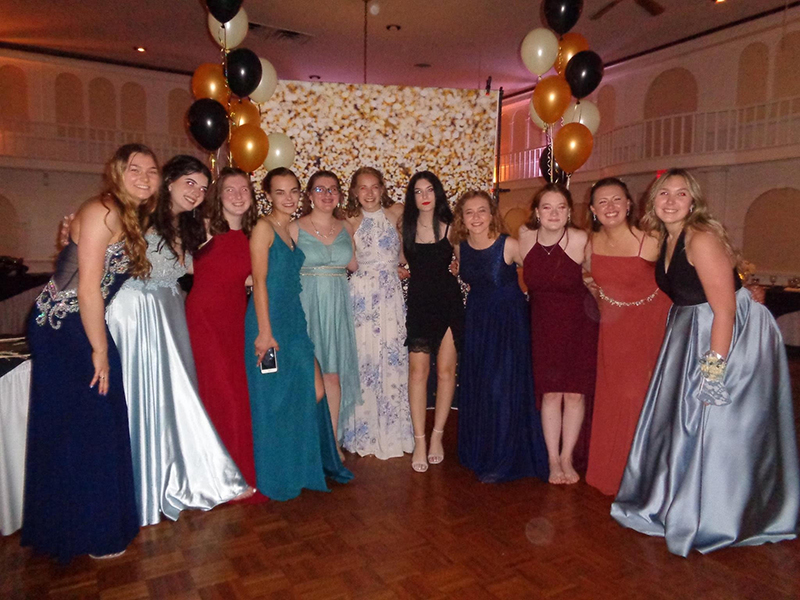 A group of 11 high school girls, all wearing very dressy gowns and dresses, stand in a semi-circle.