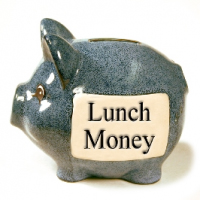 A gree piggy bank with the words lunch money on it.