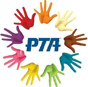 PTA in the center written in blue. Around it are nine handprints in all colors.