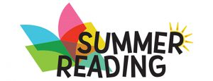 A book with multi-color pages turning with the words Summer Reading in black