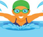 A drawn swimmer in blue water of a pool. She is wearing a cap and goggles.