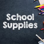 A blackboard with the words School Supplies printed in chalk. On the right are rullers and pencils, and an apple.