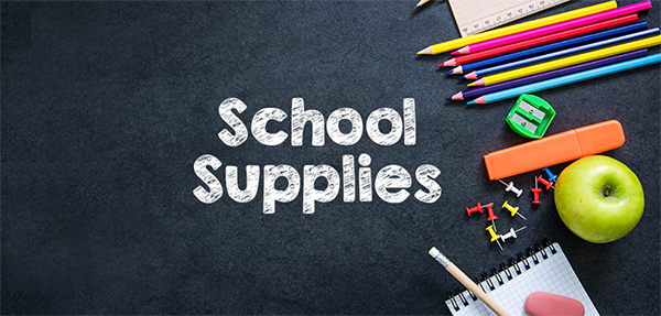 A blackboard with the words School Supplies printed in chalk. On the right are rullers and pencils, and an apple.