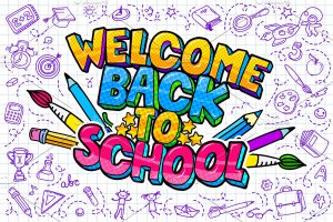 A grphic saying Welcome Back to School in yellow blue and pink letters. All around it are school supplies 