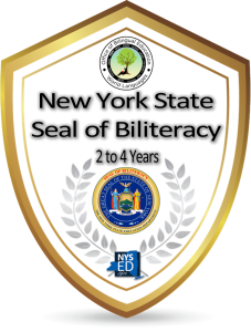 A shield with a white background and gold edging. In the center it says New York State Seal of Biliteracy 2 to 4 years. On the bottom is the seal of the State of New York