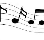 a white background with black musical notes on a scale