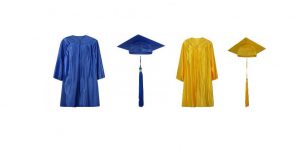 A dark blue graduation gown, dark blue graduation cap with dark blue tassel hanging from it. Next to it is a gold graduation gown  then a gold graduation cap with tassel.