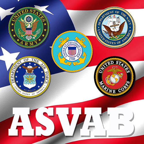 A red white and blue American flag with the letters ASVAB across the bottom. There are five logos above the letters representing the branches of the military.