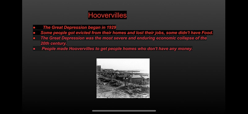 This is a powerpoint slide showing ramshackle homes. It's called Hooverville.