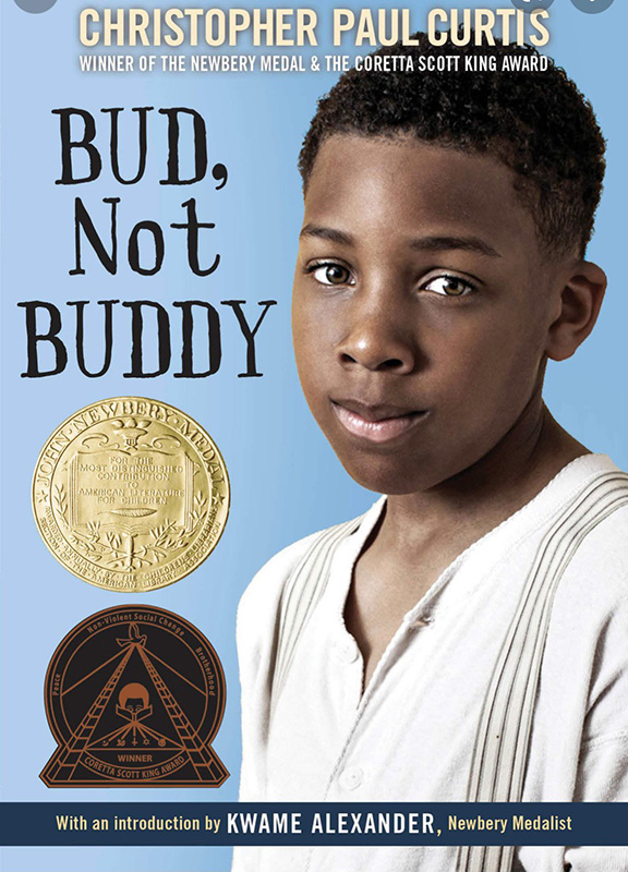 A book cover, showing a young Black boy looking pensive. The title is Bud, Not Buddy. There is a round gold stamp saying Newbury Award Winner.