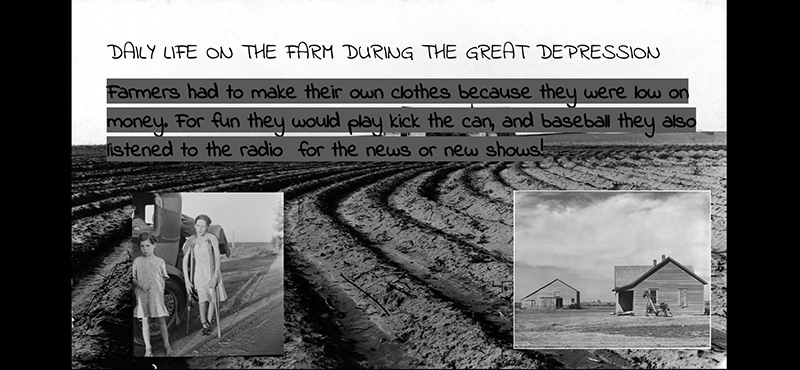 A powerpoint slide entitled Life on the Farm during the Great Depression. there are pictures of bleak-looking farms.