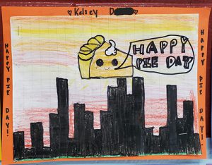 A drawing of different height lines, looking like a skyline. There is a piece of pie drawn in the sky and it is saying Happy Pi Day.
