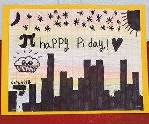 A drawing of different height lines, looking like a skyline. There is a moon in one corner and sun in the other, stars in the sky. Happy Pi Day! is written in the sky with a heart and the pi sign, and a pie.