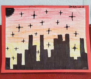 A drawing of different height lines, looking like a skyline. There are stars in the sky.