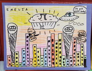 A drawing of different height lines, looking like a skyline. There is a pie and a spaceship in the sky.