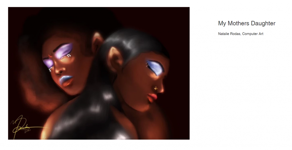 A drawing of two women with dark skin and long shiny black hair each with their head on each other's shoulder.