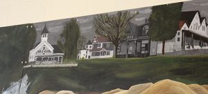 Part of a mural showing three buildings, all white, from the 1800s.