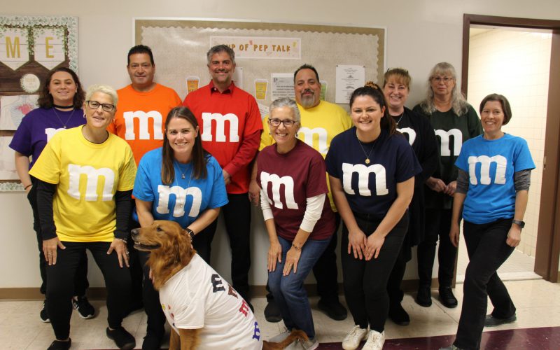 Eleven adults stand in two rows, all are wearing tshirts with the letter M on them. The shirts are purple, orange, red, yellow, red, blue and brown. In front is a long haired large dog wearing a white shirt with Ms all over it.
