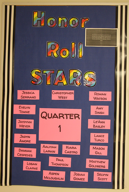 A blue background to this bulletin board. Honor Roll STARS are in multi-colored letters. Quarter 1 is in the center  and there are 19 names around it.